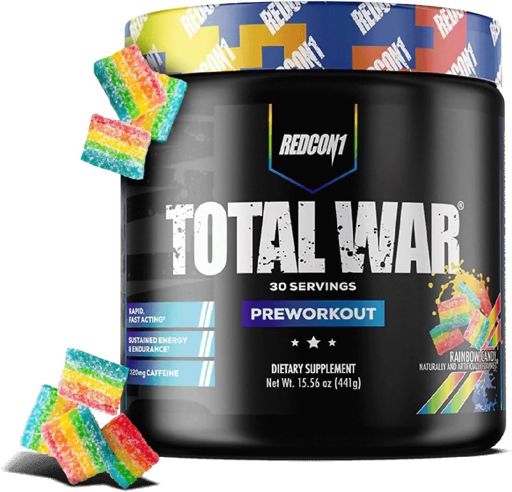 REDCON1 Total War Pre Workout, Rainbow Candy - Beta Alanine + Citrulline Malate Keto Friendly Preworkout για άνδρες & γυναίκες με 320mg καφεΐνη - γρήγορη δράση (30 υπηρεσίες)