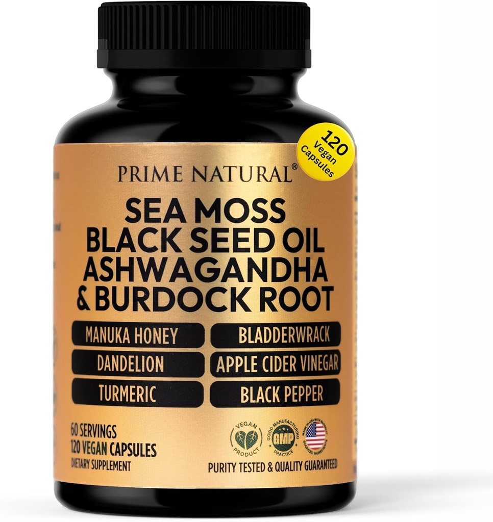 PRIME NATURAL Sea Moss 3000mg Black Seed Oil 2000mg Ashwagandha 1000mg Turmeric 1000mg Bladderwrack 1000mg Burdock 1000mg Manuka Honey Dandelion ACV - 120 Capsules | 60 Days Supply | Vegan
