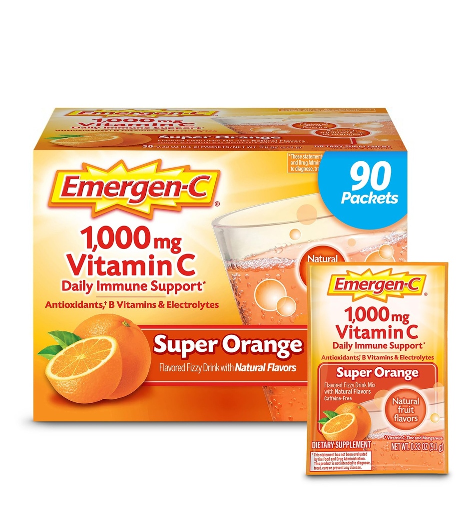 Emergen-C 1000mg σκόνη βιταμίνης C για την καθημερινή ανοσοποιητική υποστήριξη Caffeine Δωρεάν συμπληρώματα βιταμίνης C με ψευδάργυρο και μαγγάνιο, βιταμίνες Β και ηλεκτρολύτες, Super Orange Γεύση - 90 Count/3 Μήνας προσφοράς