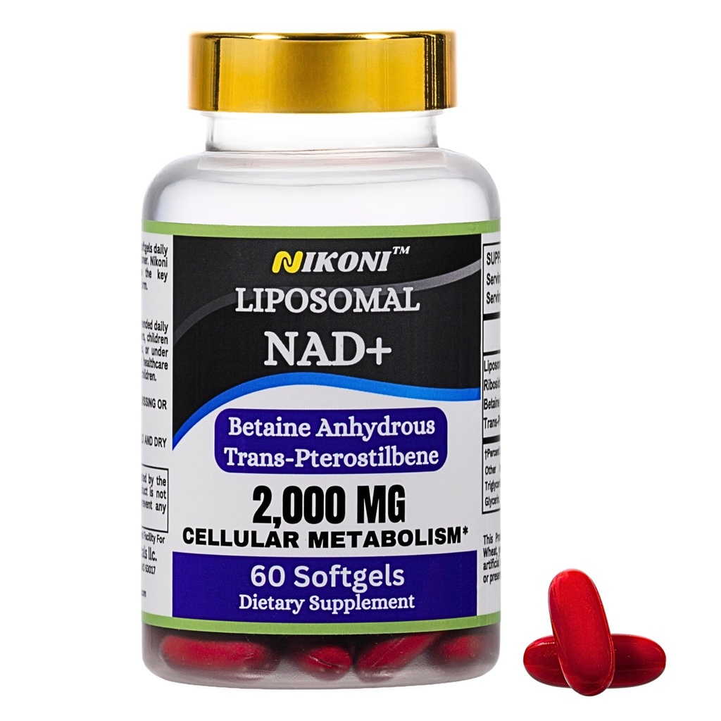 Nikoni Liposomal NAD+ 2000 mg with TMG and Pterostilbene, Supports Healthy Aging-60 Softgels