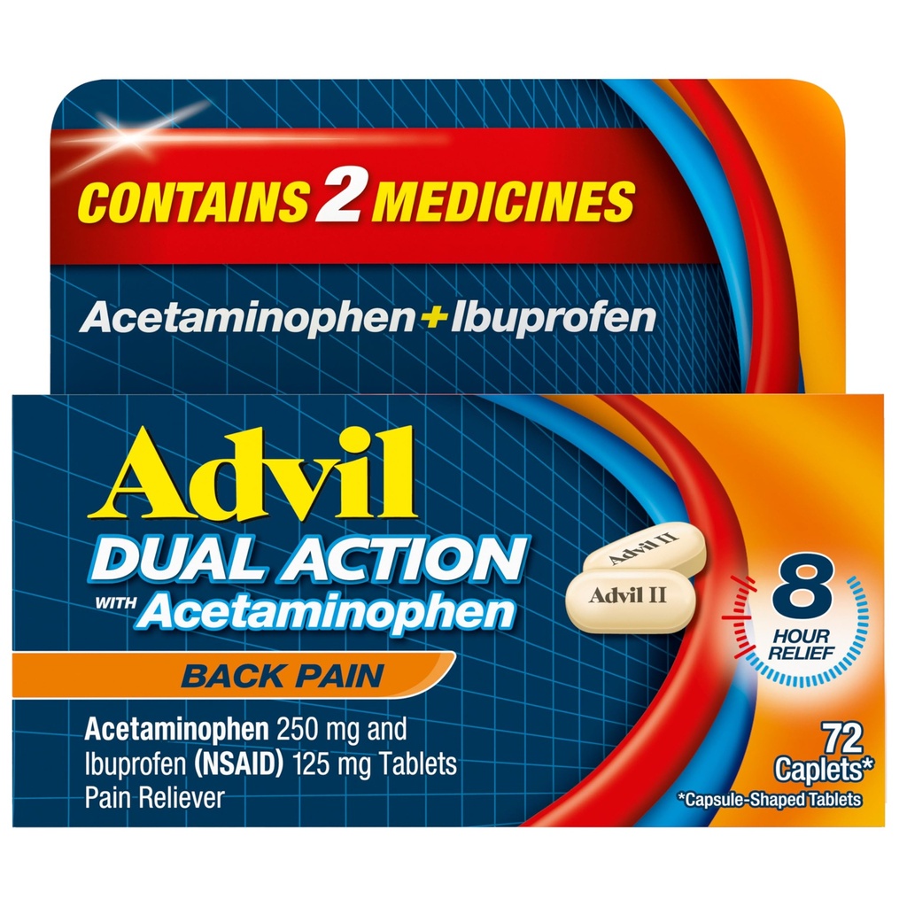 Advil Dual Action Back Caplets Πόνος Παραδίδει 250mg Ibuprofen και 500mg Acetaminophen ανά δόση για 8 ώρες ανάνηψης πόνου στην πλάτη - 72 Count
