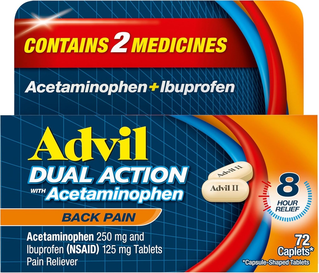 Advil Dual Action Back Caplets Πόνος Παραδίδει 250mg Ibuprofen και 500mg Acetaminophen ανά δόση για 8 ώρες ανάνηψης πόνου στην πλάτη - 72 Count