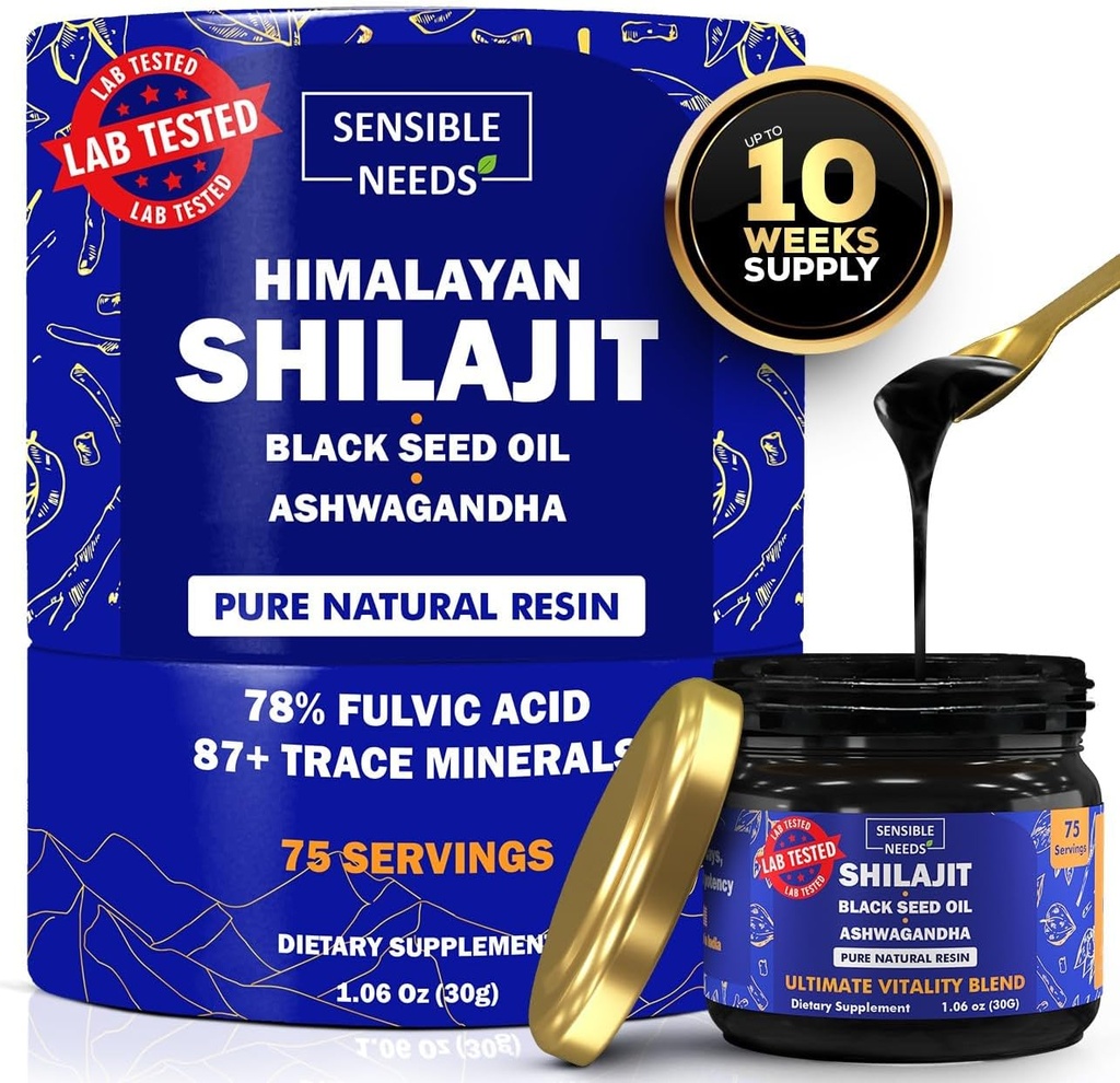 Pure Himalayan Shilajit Organic Resin Supplement, Shilajit για άνδρες και γυναίκες με μαύρο σπορέλαιο & Ashwagandha, ενέργεια, ασυλία, 78% Fulvic Acid, 87+ Ίχνη Ορυκτά, 400mg
