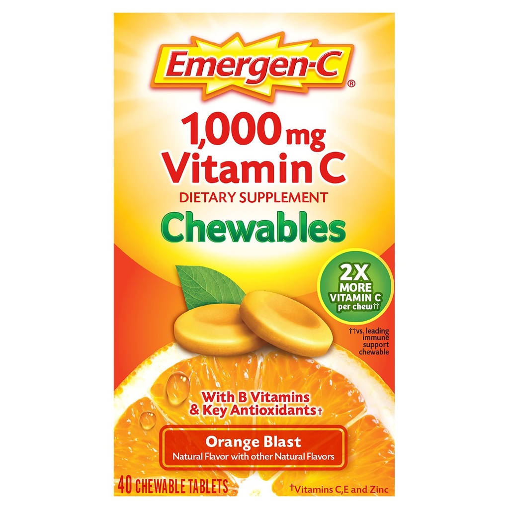 Emergen- C Μασώμενη βιταμίνη C 1000mg, με βιταμίνες Β και αντιοξειδωτικά δισκία (40 Count, Orange Blast Flavor), Συμπλήρωμα διατροφής