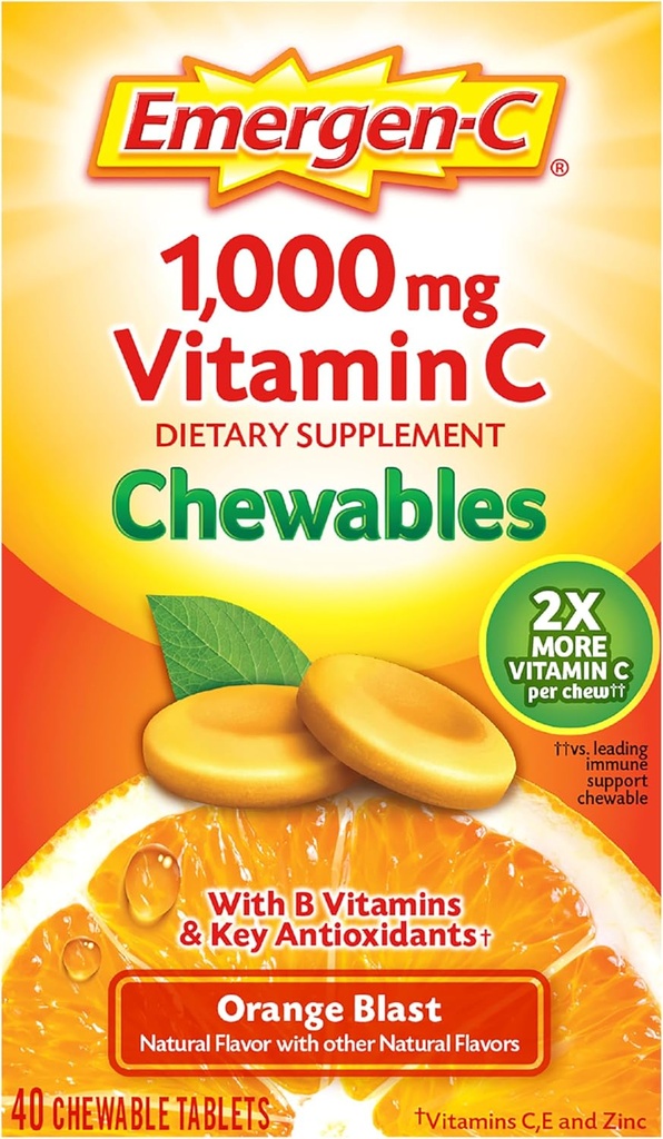 Emergen-C Chewable Vitamin C 1000mg, With B Vitamins And Antioxidants Tablet (40 Count, Orange Blast Flavor), Dietary Supplement