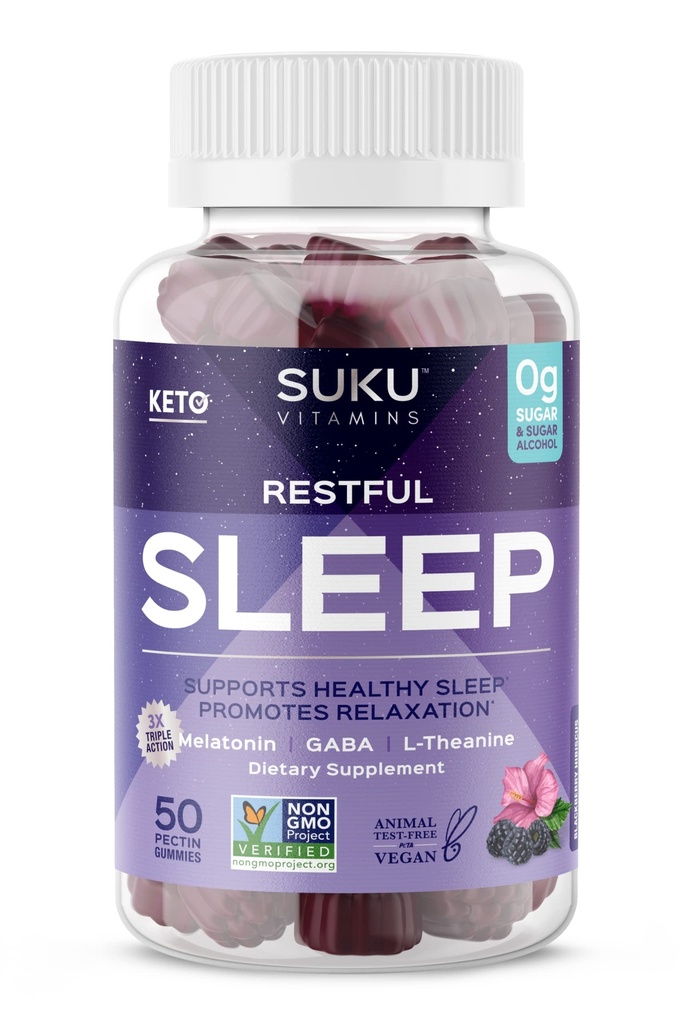 SUKU Restful Sleep Gummies – 3 mg μελατονίνης, L-Θεανίνης & GABA – Vegan, Sugar-free Chewable for Relaxation & Natural Sleep Support – BlackBerry-Hibiscus Flavor – Μη ΓΤΟ, Χωρίς γλουτένη – 50 Count