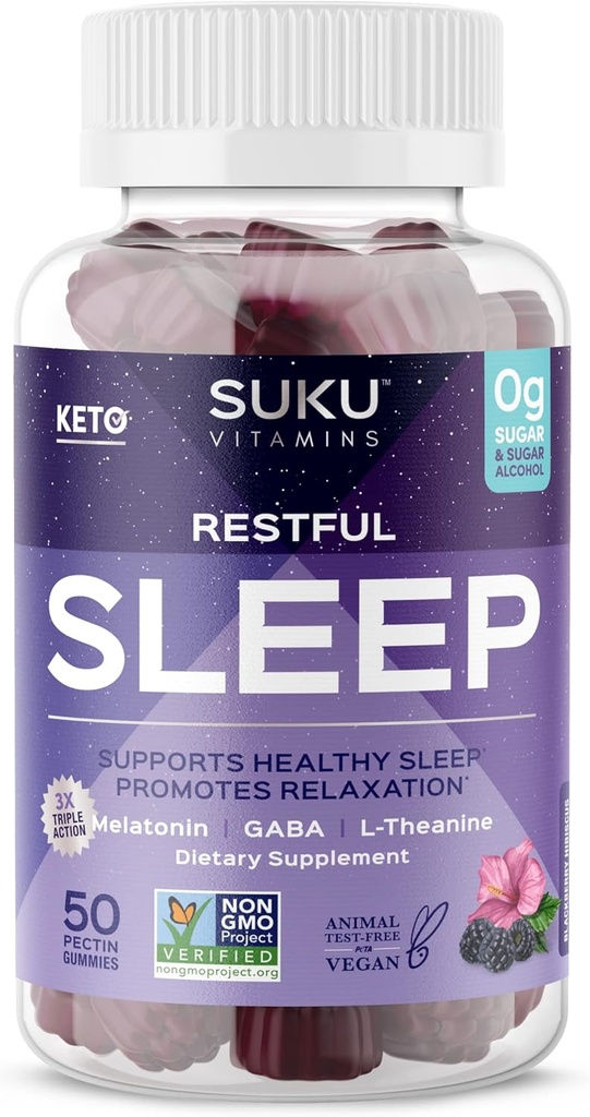 SUKU Restful Sleep Gummies – 3 mg μελατονίνης, L-Θεανίνης & GABA – Vegan, Sugar-free Chewable for Relaxation & Natural Sleep Support – BlackBerry-Hibiscus Flavor – Μη ΓΤΟ, Χωρίς γλουτένη – 50 Count