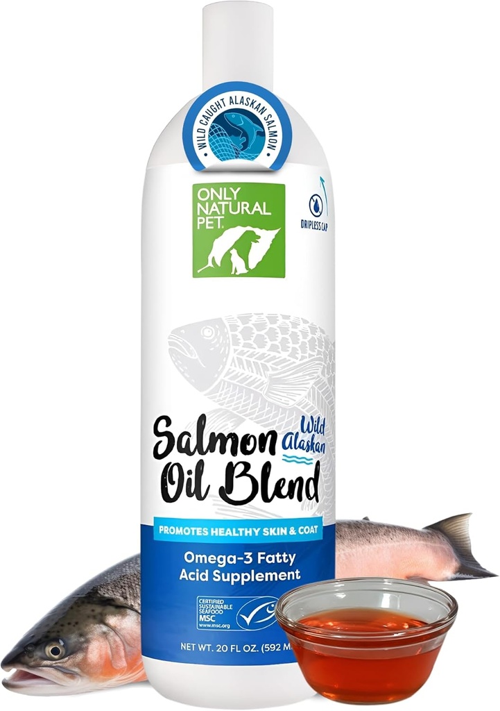 Only Natural Pet Wild Alaskan Salmon Oil for Dogs & Cats - Omega 3 & 6 Liquid Food Supplement for Pets - EPA & DHA Fish Oils, All Natural Joint Support, Promote Healthy Skin, Coat & Heart - 20 Fl Oz