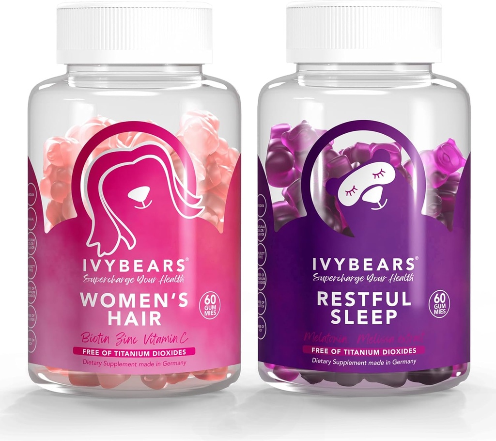 IvyBears® Gummys & Sleep για τις γυναίκες – Βιοτίνη Βιταμίνη μαλλιών + γρήγορη δράση μελατονίνης με Χαλαρωτικά Βοτανικά – Vegan Beauty & Sleep Support – 2-Pack