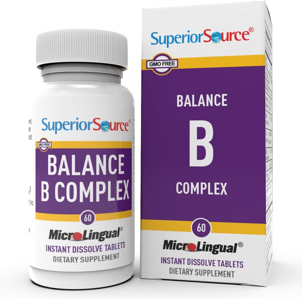 Superior Source Balance B Complex - Συμπλήρωμα Ενεργειακής Υποστήριξης με Φολικό Οξύ & Β Βιταμίνες - Υποστηρίζει την Καρδιά & Μυική Υγεία - Β Συμπλήρωμα Βιταμίνης Βοηθά την Ανοσοποιητική Υγεία - 60 στιγμιαία Δισκία Διάλυσης