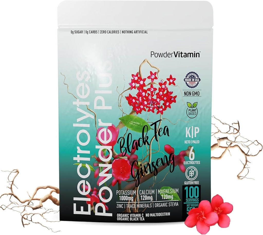 Σκόνη Vitamin Ηλεκτρολυτές σκόνη Plus (100 σερβιέτες) Μαύρο τσάι Ginseng Ηλεκτρολυτική σκόνη Keto, Χωρίς ζάχαρη, Pink αλάτι Ιμαλαΐων,1000mg κάλιο,150mg ασβέστιο,150mg μαγνήσιο, σκόνη ενυδάτωσης