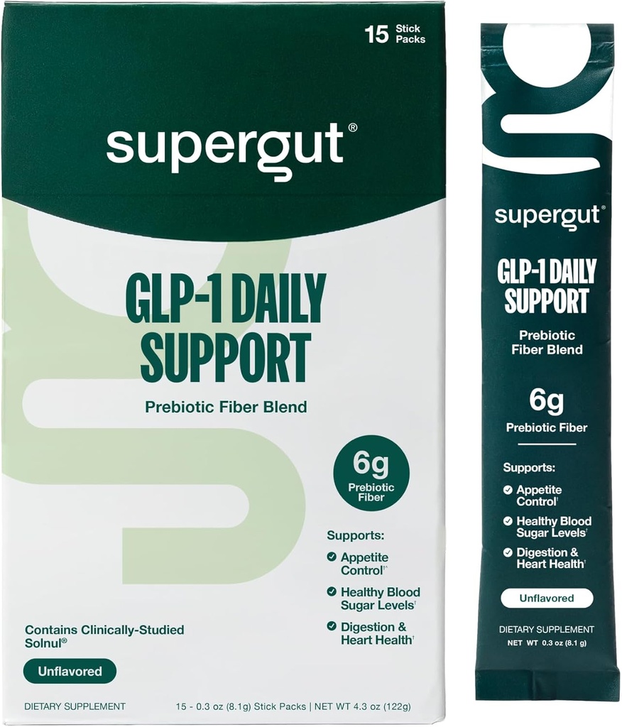 Supergut GLP1 Καθημερινή υποστήριξη - Υψηλή Fiber GLP-1 συμπλήρωμα σκόνης για γυναίκες και άνδρες - χωρίς ζάχαρη μείγμα ποτών για την υγεία των ούρων (15 υπηρεσίες)
