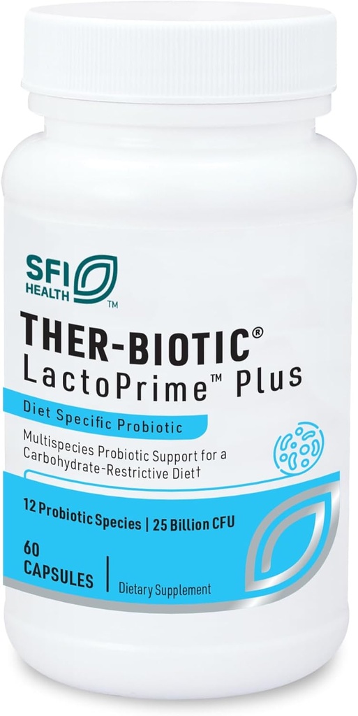 Klaire Labs SFI Health Ther-Biotic LactoPrime Plus - Lactobacillus and Bifidobacterium Probiotics for Digestive Health - Daily Probiotic for Men & Women for Carb-Sensitive Individuals (60 Capsules)