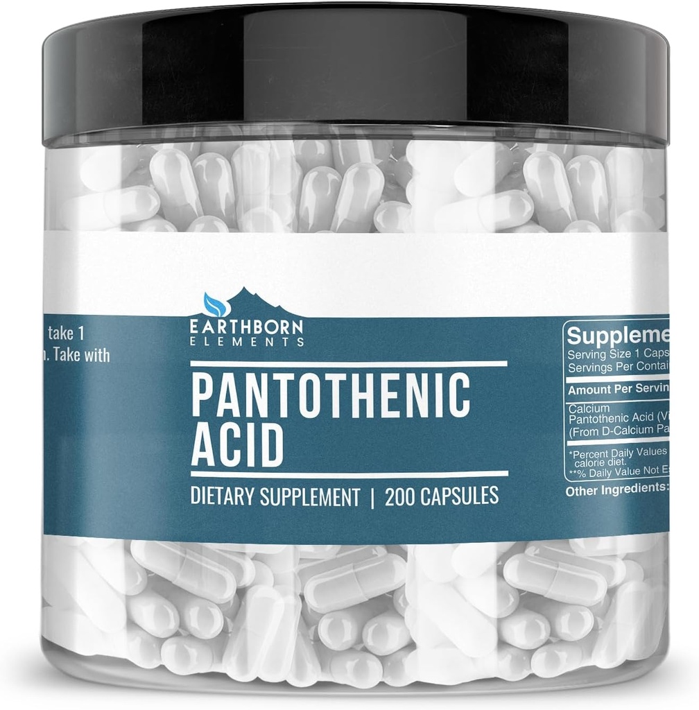 Earthborn Elements Pantothenic Acid 200 Capsules, Pure & Undiluted, No Additives