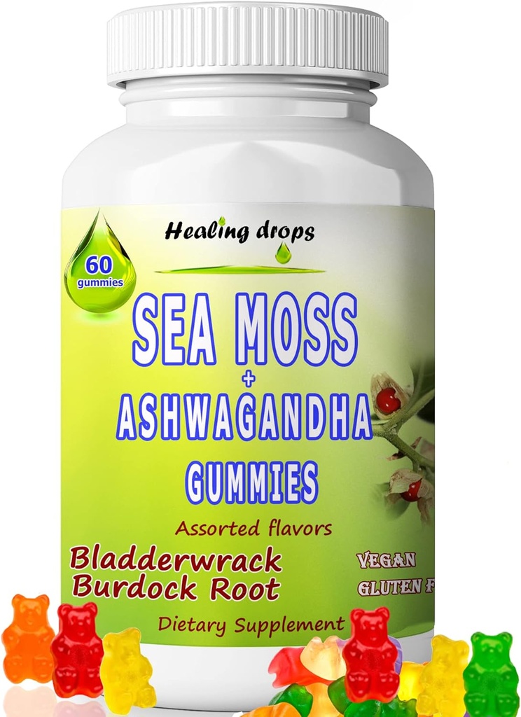 Sea Moss Gummies Ashwagandha with Bladderwrack Burdock Root, Alkaline Keto Vegan Non-GMO Diet, Dairy and Gluten Free – by Healing Drops