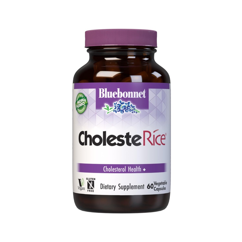 Bluebonnet Nutrition CholesteRice Φυτικές κάψουλες, Red Yeast Rice, Plant Sterols, Pantethine, CoQ10, Policosanol, Vegan, Χορτοφαγικά, Μη ΓΤΟ, Χωρίς γλουτένη, Χωρίς γάλα, SOY-FREE, 60 κάψουλες λαχανικών