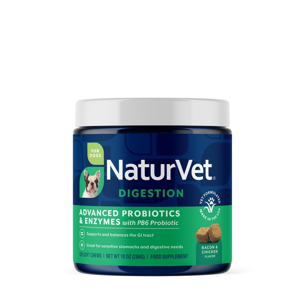 NaturVet Advanced Probiotics & Enzymes, PB6 Dog Soft Chews to Help Sensitive Stomachs and Digestive Issues, Hickory Smoke Bacon Flavored Pet Supplement for Dogs Πάνω από 6 εβδομάδες, 120 Count Jar