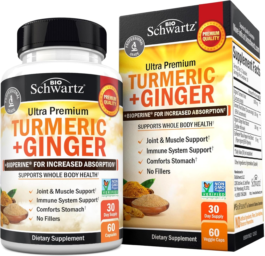 Turmeric Curcumin and Ginger συμπλήρωμα - 95% Standardized Curcuminoids with BioPerine Black Pepper Extract for Ultra High Absorvation - Φυσικό συμπλήρωμα κοινής υποστήριξης - Χωρίς γλουτένη - 60 κάψουλες