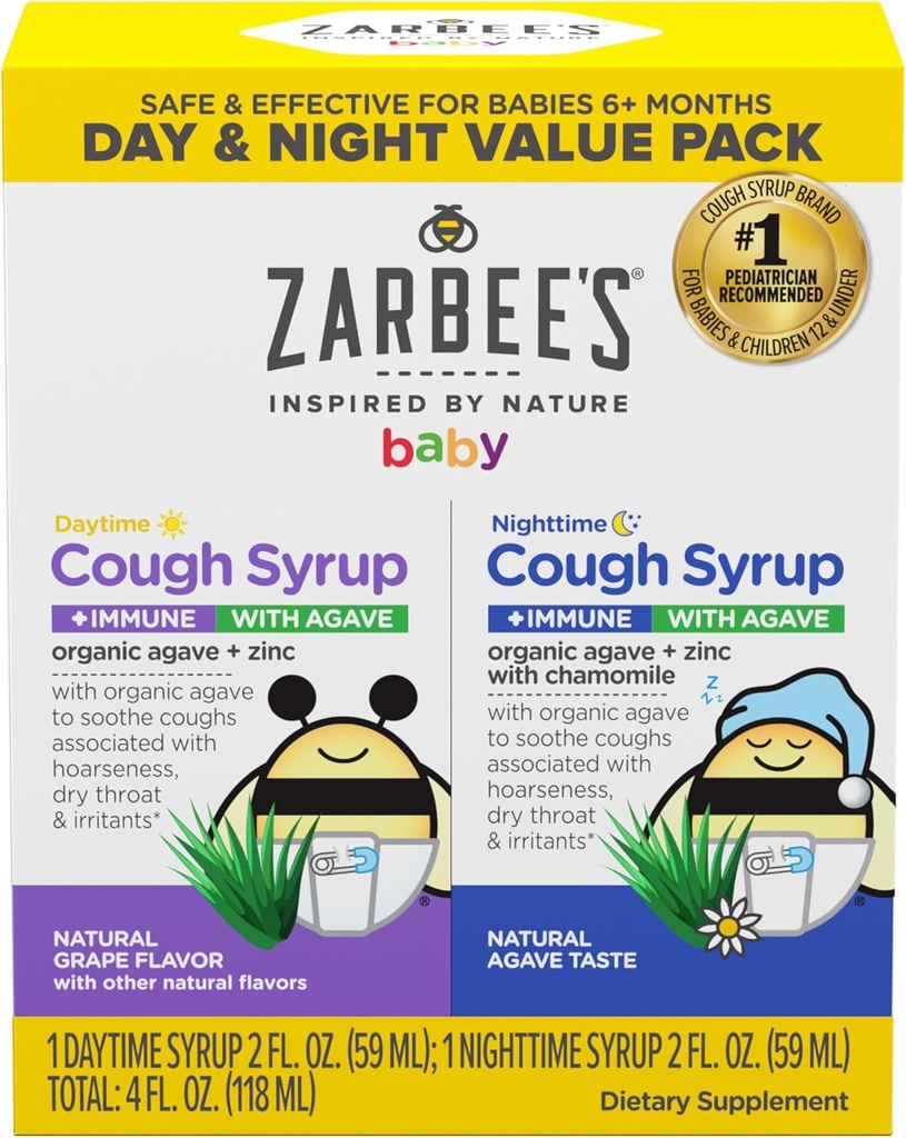 Zarbee's Baby Day & Night Cough Medicine & Syrup Value Pack with Organic Agave + Ψευδάργυρος για την υποστήριξη του ανοσοποιητικού, Natural Grape Daytime & Chamomile Nighttime, Baby Cough Medicine, 2 x 2 fl oz