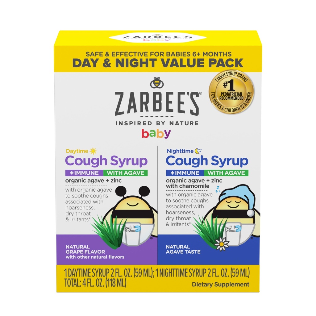Zarbee's Baby Daytime & Nighttime Cough Syrup + Ανοσοποιητικό με Organic Agave + Ψευδάργυρο, Σταφύλι με Χαμομήλι, Γεύση Agave, Δύο Πακέτο, 2 x 2 fl. oz