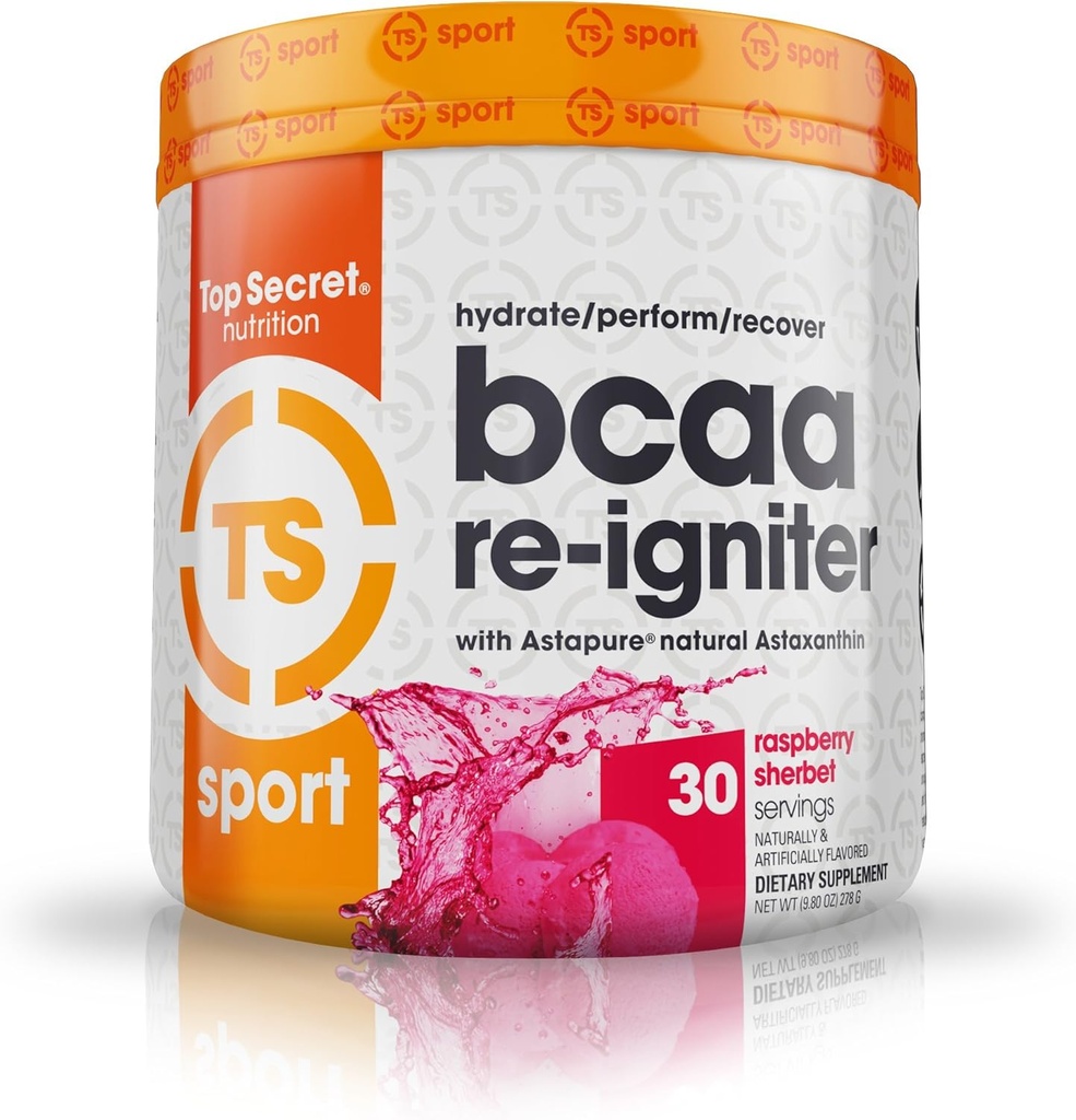 Top Secret Nutrition BCAA Re-Igniter Vegan Amino Acid Supplement with Aspaxanthin and Electrolyte, Hydration Blend with Coconut water, 9,80 oz (30 μερίδες), Raspberry Sherbet