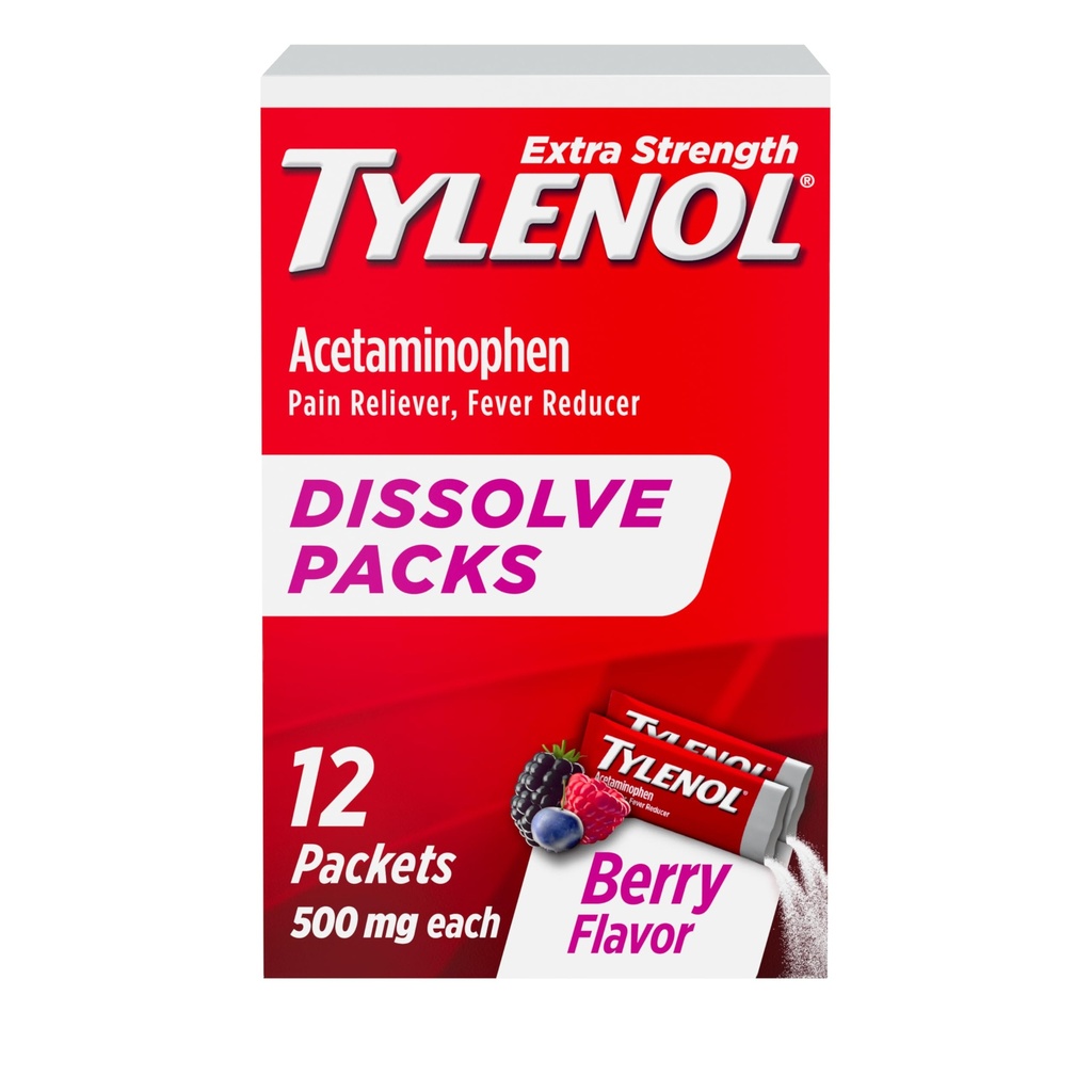 Tylenol Extra Strength Dissolve Packs, 500 mg Acetaminophen Pain Reliever & Fever Reducer, On-The- Go Powder Packets για μικρούς πόνους & πόνους, Ibuprofen- & Aspirin- Free, Berry Flavor, 12 ct