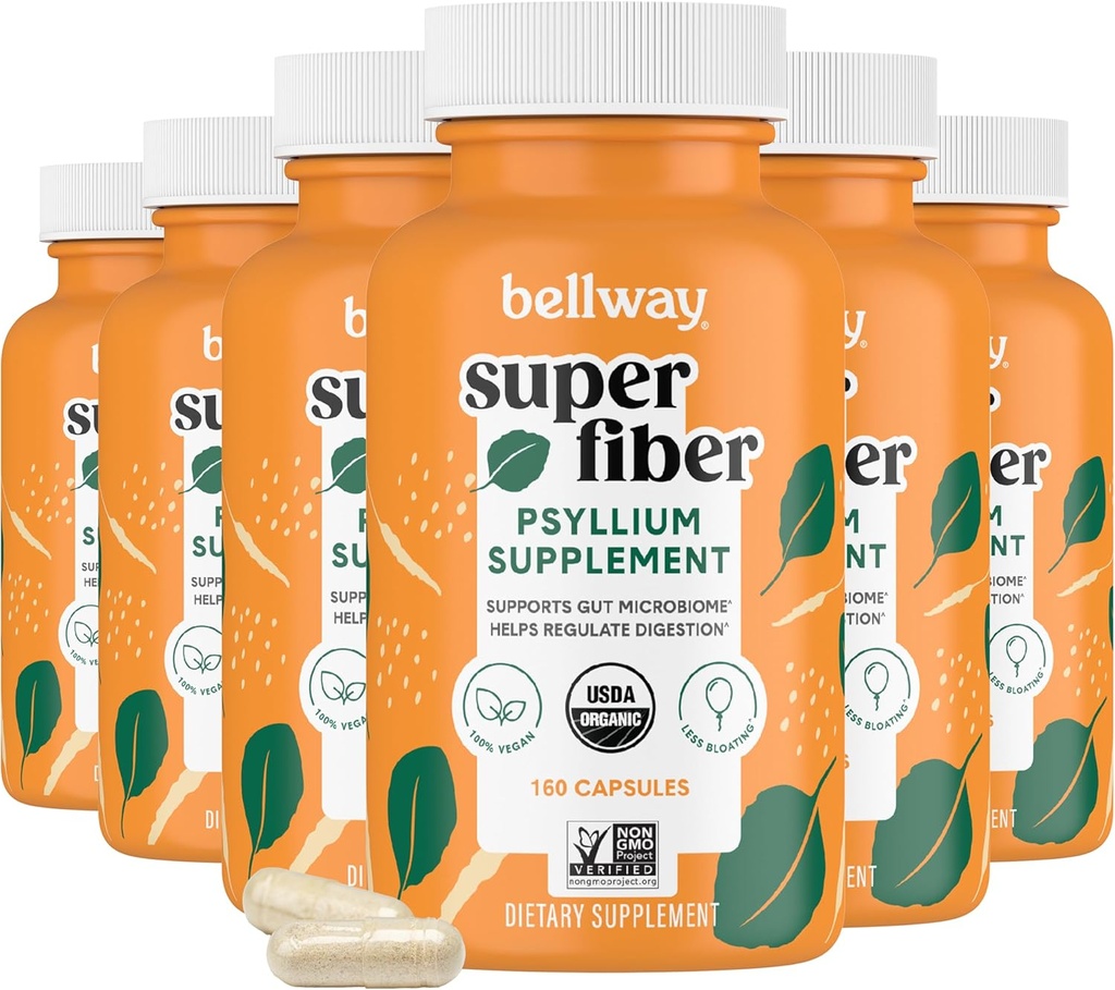 Bellway Super Fiber Κάψουλες (6 Συσκευασία) - USDA Organic Psyllium Husk Κάψουλες - Καθημερινή Psyllium Husk Fiber Συμπλήρωμα για την Επιπεφυκτική Υγεία και Κανονικότητα, Plant Based, Non-GMO, Kosher - 960 Κάψουλες
