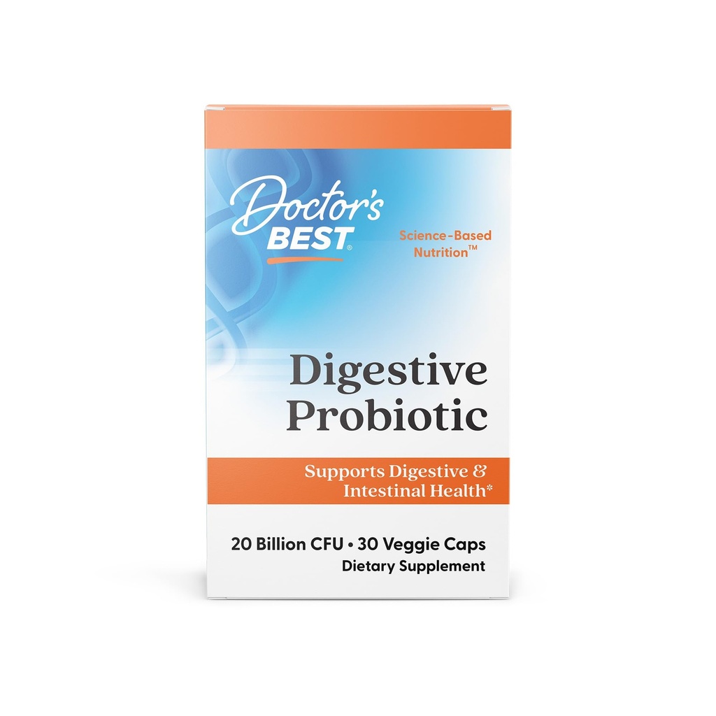 Doctor's Best Digestive Probiotic Capsules for Women & Men - Probiotics Supplement for Digestive Health, Supports Gut Health & Balanced Flora, 20 Billion CFU, Daily Nutrition Support - 30 Veg Caps