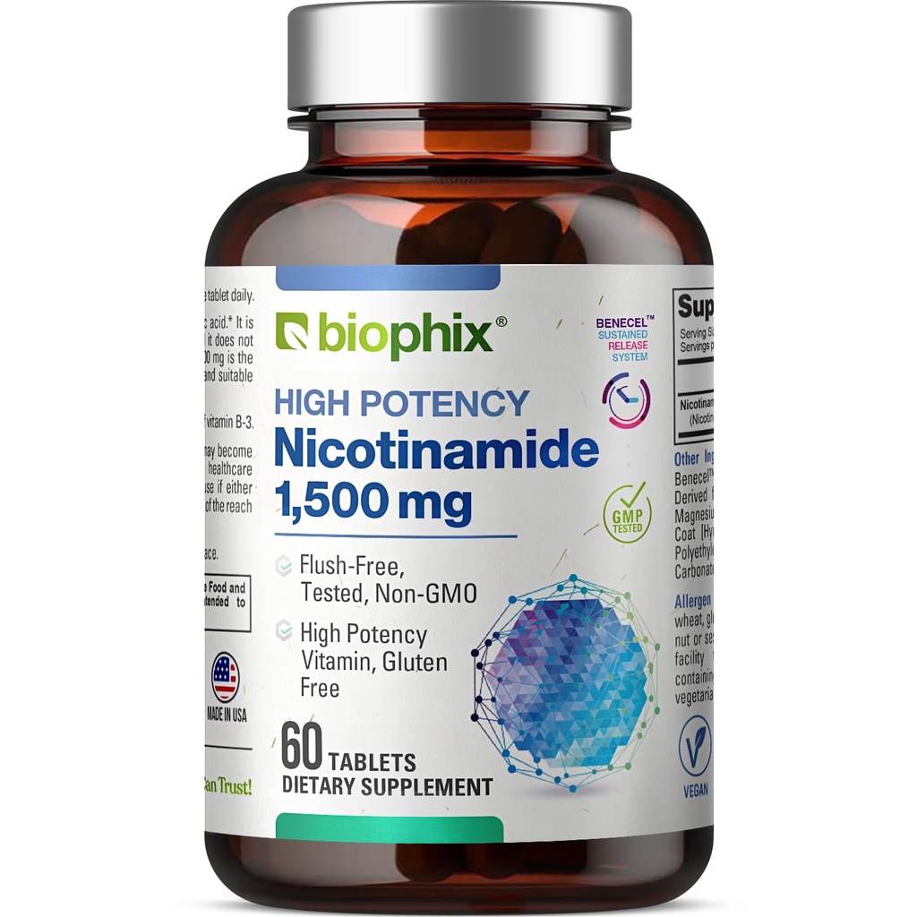 biophix B-3 Nicotinamide 1500 mg 60 δισκία Μέγιστη Περιεκτικότητα - Νικοτινικό αμίδιο Νιασίνη Φυσικό Flush- Free Vitamin Formula - Υποστηρίζει την Υγεία των Δερμάτων