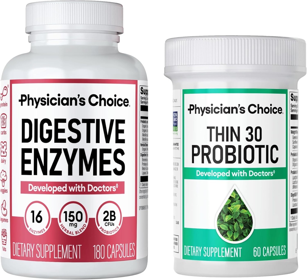 Physician's CHOICE - Beat Bloat + Support Weight Management Bundle: Digestive Enzymes 180ct + Thin-30 Probiotic 60ct - Value Pack