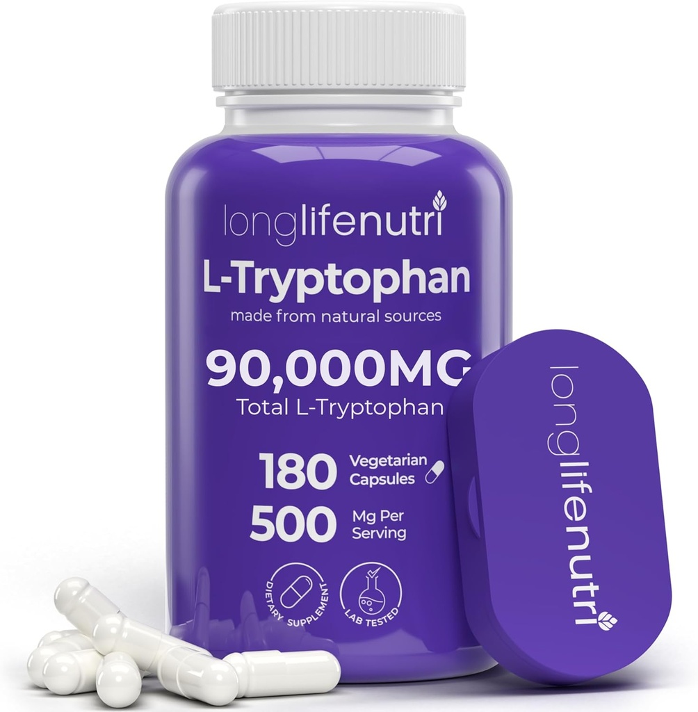 L-Tryptophan 500mg – 180 κάψουλες χορτοφάγων, 6-μηνιαία προμήθεια, για την ενίσχυση του ύπνου και τη σταθερότητα της διάθεσης, εργαστήριο δοκιμαστεί, Κατασκευάζεται στις ΗΠΑ, μη ΓΤΟ