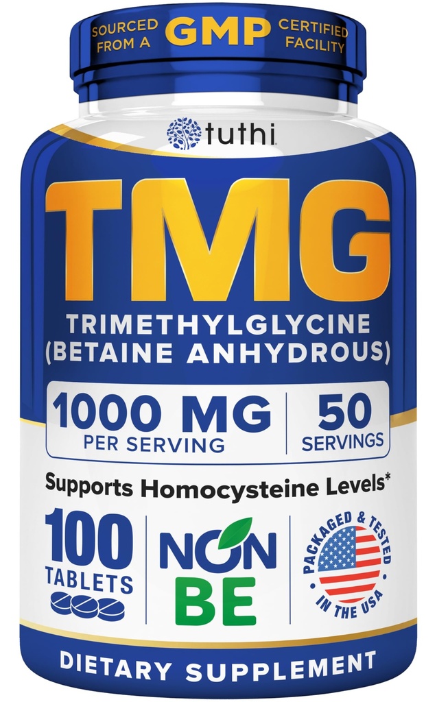Tuthi TMG συμπλήρωμα – 1000mg Trimethylglycine – Betaine Amino Acid για καρδιοαγγειακή υποστήριξη και υγιή επίπεδα ομοκυστεΐνης – 100 Vegan δισκία – Χωρίς γλουτένη, μη ΓΤΟ – Κατασκευασμένο στις ΗΠΑ