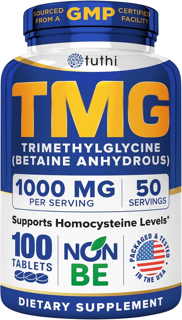 Tuthi TMG συμπλήρωμα – 1000mg Trimethylglycine – Betaine Amino Acid για καρδιοαγγειακή υποστήριξη και υγιή επίπεδα ομοκυστεΐνης – 100 Vegan δισκία – Χωρίς γλουτένη, μη ΓΤΟ – Κατασκευασμένο στις ΗΠΑ