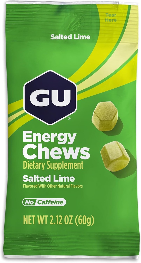 GU Energy Chews, Salted Lime Energy Gummies with Electrolytes, Vegan, Gluten-Free, Kosher, Caffeine-Free, and Dairy-Free On-The-Go Energy for Any Workout, 12 Bags (24 Servings Total)