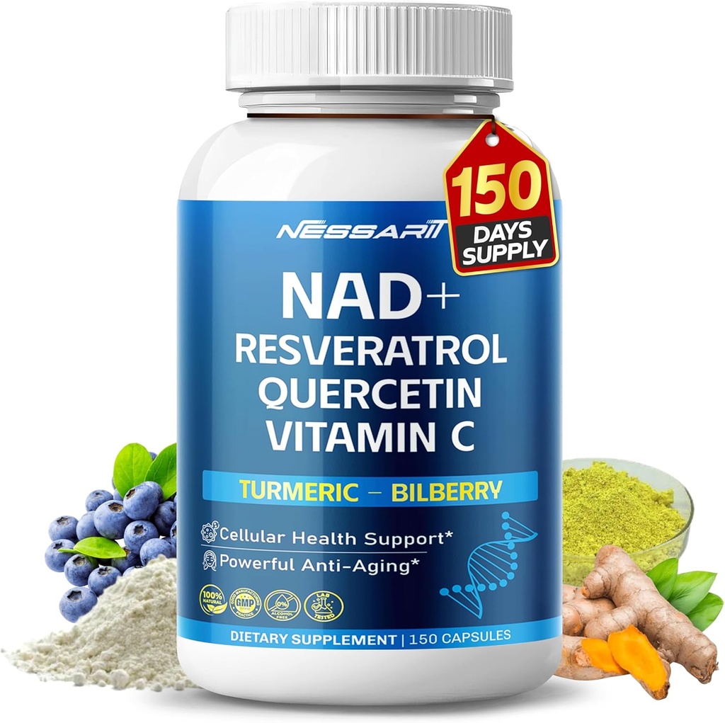 NAD+ RESVERATROL συμπλήρωμα - 10-σε-1 φυσικό μείγμα με Quercetin κουρκουμά Berberine Bilberry πράσινο τσάι - 150 Count - Made & Tested στις ΗΠΑ