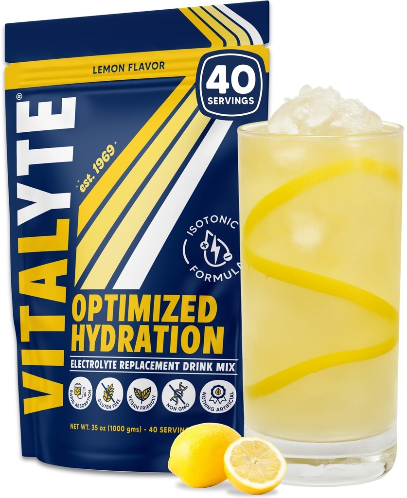 Vitalyte Ηλεκτρολυτικό Ποτό σε σκόνη Μίγμα, Ισοτονικό Ηλεκτρολυτικό Μείγμα Ενυδάτωσης, Χωρίς Γλουτένη Μείγμα Σκόνης, Συσκευασία των 1, 35 oz., Γεύση Λεμονιού