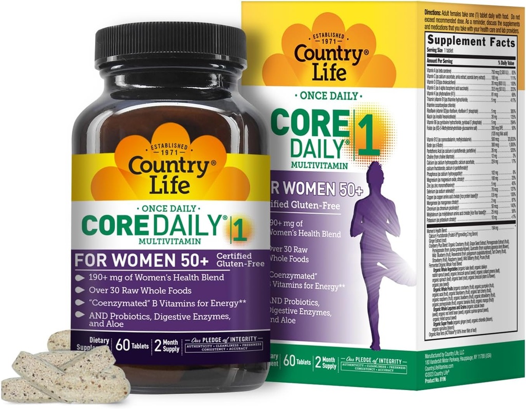 Country Life CORE Daily-1 για γυναίκες 50+ Multivitamin - Formated for Women Over 50, Complete Daily Nutrition with Women's Health Blend, Coenzymated B Vitamins, Probiotics, and Digestive Enzymes