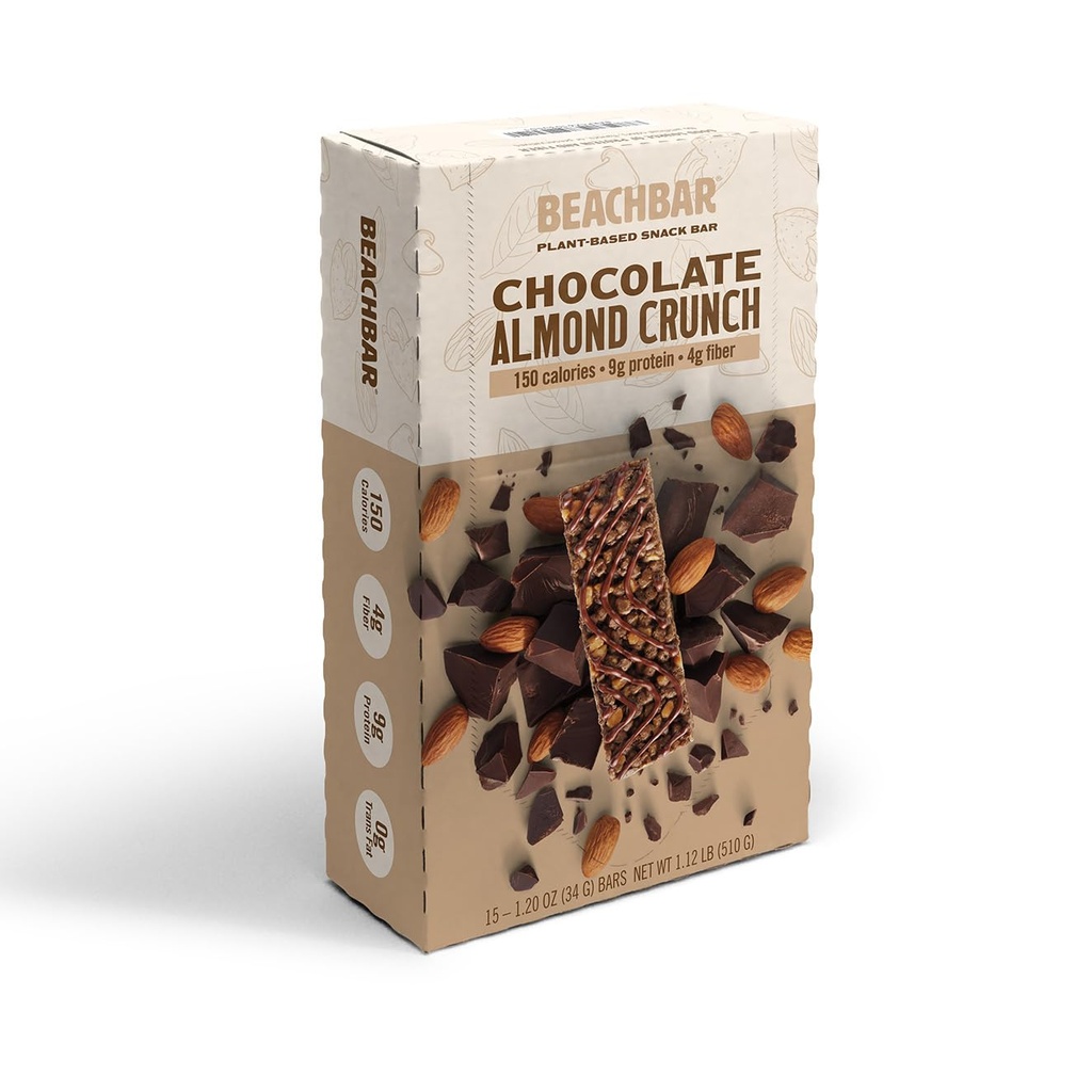 BODi BEACHBAR Φυτό με βάση τη σοκολάτα Almond Crunch – Πρωτεΐνη πλούσια Vegan Snack Bar, χωρίς γλουτένη, χαμηλή γλυκαιμικό δείκτη, 10g πρωτεΐνη, 150 θερμίδες, 15 bars ανά κουτί