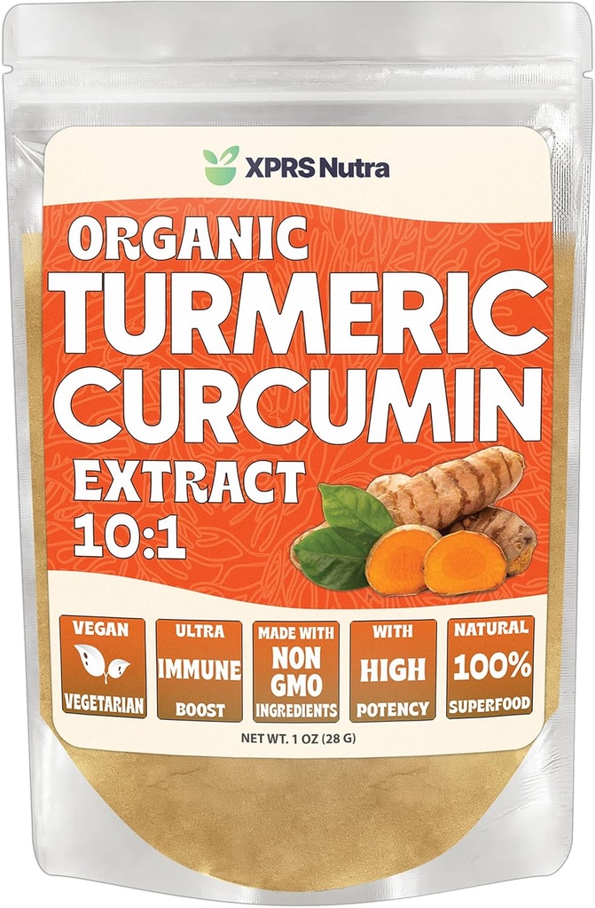 XPRS Nutra Βιολογική κουρκουμίνη σε σκόνη 10:1 - Premium USDA Βιολογική σκόνη κουρκουμίνης για την ανοσία - Vegan Friendly Pure Curcumin for Gut Health (1 ουγγιά)