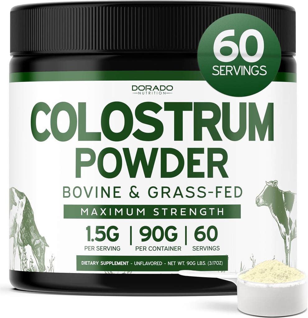 Colostrum Supplement Powder 90g (60 Servings of 1.5g Pure Bovine Colostrum Std. to Contain 20% IgG Immunoglobulins) Grass Fed Powder - Χωρίς πληρώματα, Tested, Unflavored & USA Made