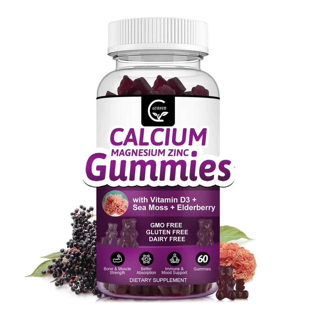 Ασβέστιο Μαγνήσιο Ψευδάργυρος Gummies με Υψηλή Απορρόφηση Μαγνήσιο, Κάλιο, D3 - για τα οστά, τους μυς, ανοσοποιητική & υποστήριξη ύπνου, Vegan