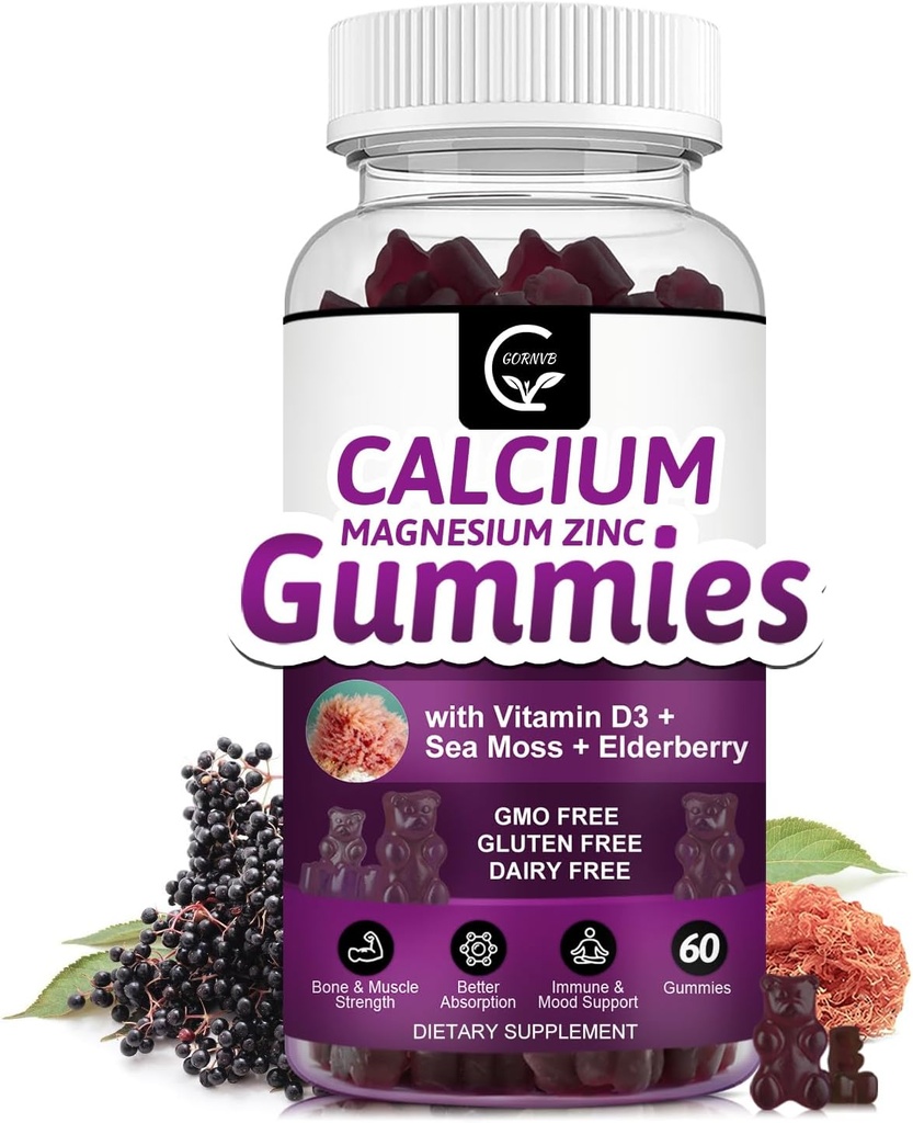 Ασβέστιο Μαγνήσιο Ψευδάργυρος Gummies με Υψηλή Απορρόφηση Μαγνήσιο, Κάλιο, D3 - για τα οστά, τους μυς, ανοσοποιητική & υποστήριξη ύπνου, Vegan