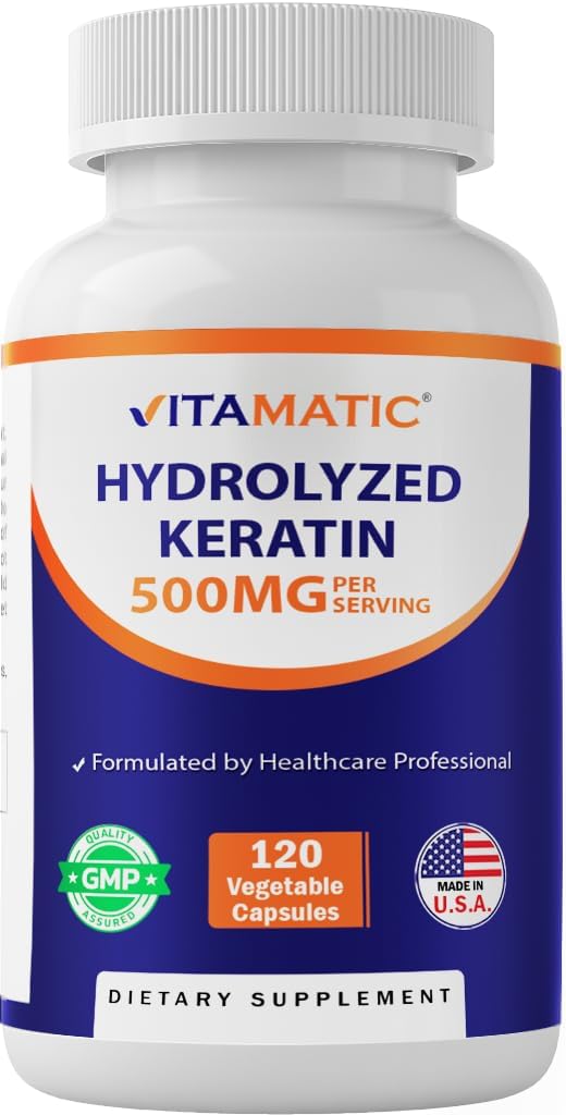 Vitamatic Hydrolyzed Keratin 500mg per Serving - 120 κάψουλες χορτοφαγικών - συμπληρώματα κερατίνης για υγιές δέρμα μαλλιών & νύχια για ενήλικες