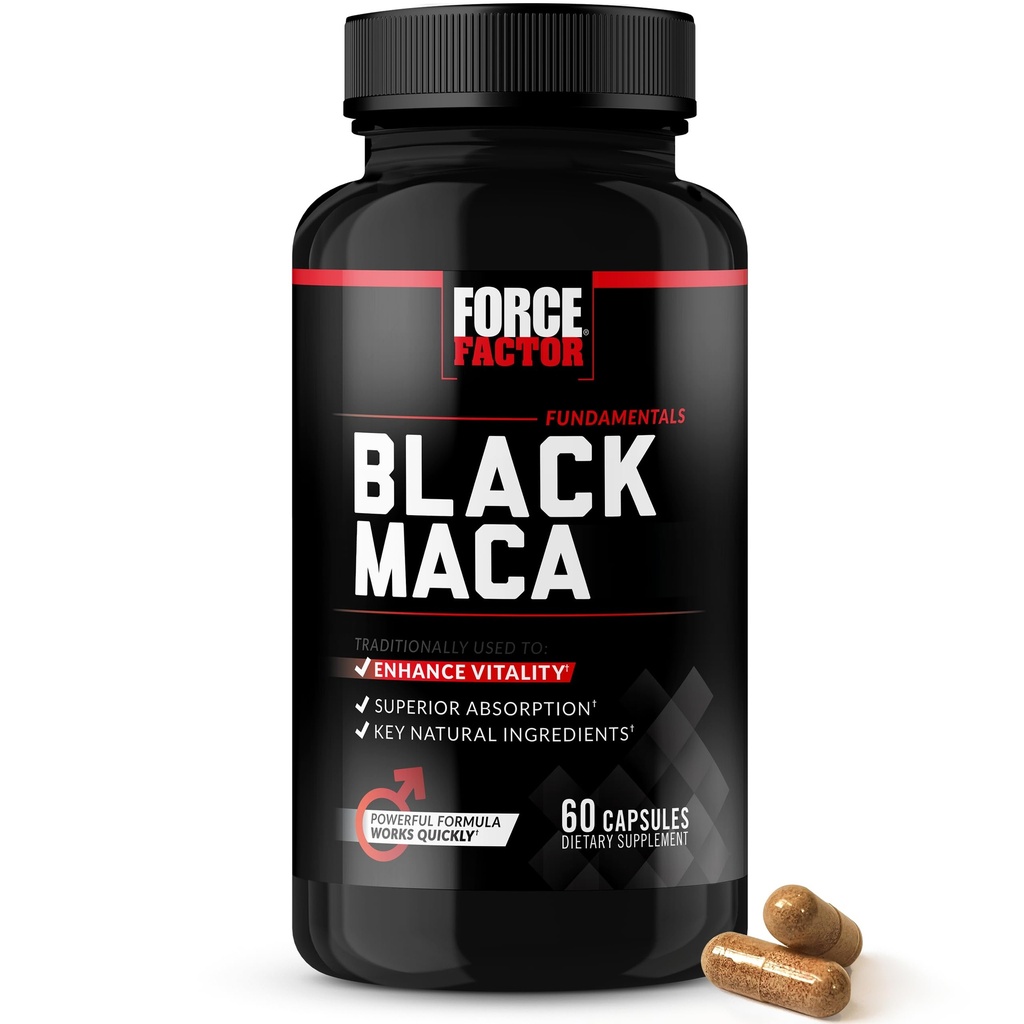 Force Factor Black Maca Root Vitality Supplement για άνδρες με ανώτερη απορρόφηση και δύναμη, φυσικό εκχύλισμα Maca Negra, θεμελιώδη σειρά, 1000mg, 60 κάψουλες