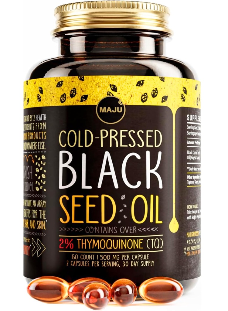 Maju Superfoods Black Seed Oil Capses - Ψυχρή πίεση, 2% Thymoquinone, 100% Turkish Black Cumin Nigella Sativa Seed Oil, Liquid Pure Blackseed 60 Count, 500mg ανά κάψουλα