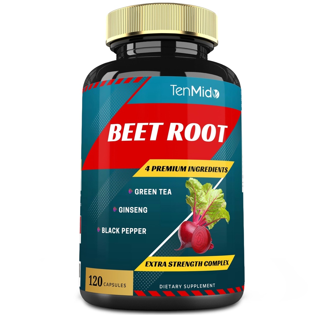 Beet Root Extract Capsules, 4 Months Supply & Green Tea, Ginseng, Black Pepper | Increased Energy, Athletic Performance Supports, Boosts Stamina | Nutritional Workout Supplements