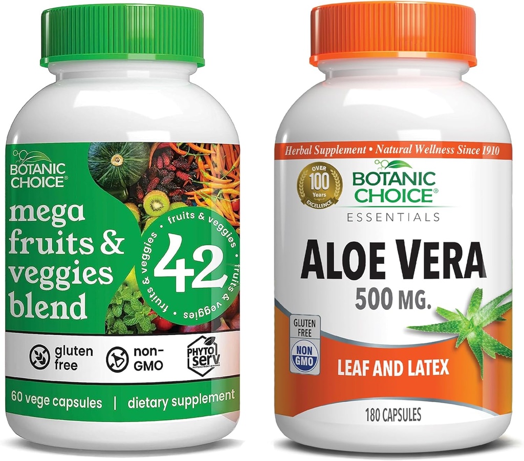 Βοτανική επιλογή Mega Fruits and Veggies Blend (60 κάψουλες) + Aloe Vera (180 κάψουλες) Bundle - Energy Balance & Superfood Supplement + Digestive Health Support