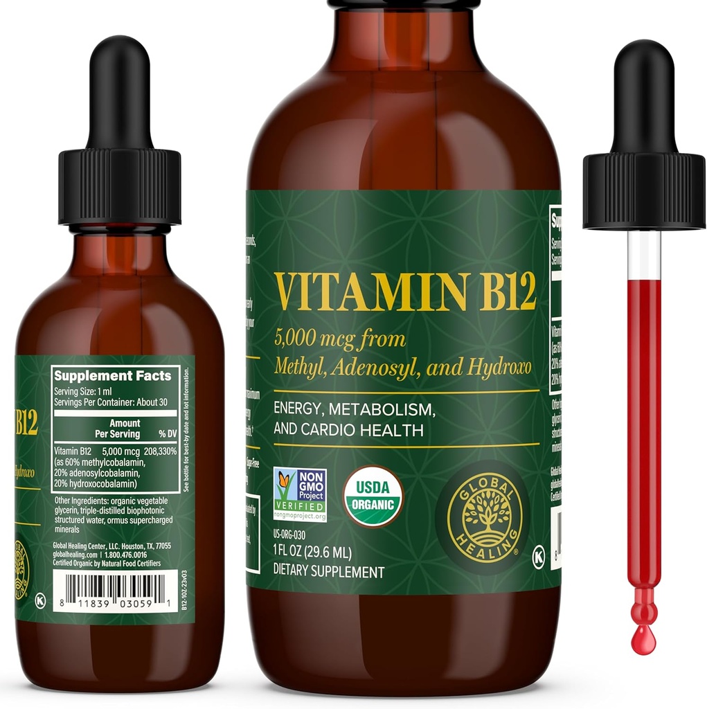 Global Healing Center - Vitamin B12 Sublingual 5000 MCG Organic Liquid Supplement, Methylcobalamin, Adenosylcobalamin, Hydroxo Long-Lasting Energy and Healthy Metabolism - Vegan B12 Vitamins (1 Oz)