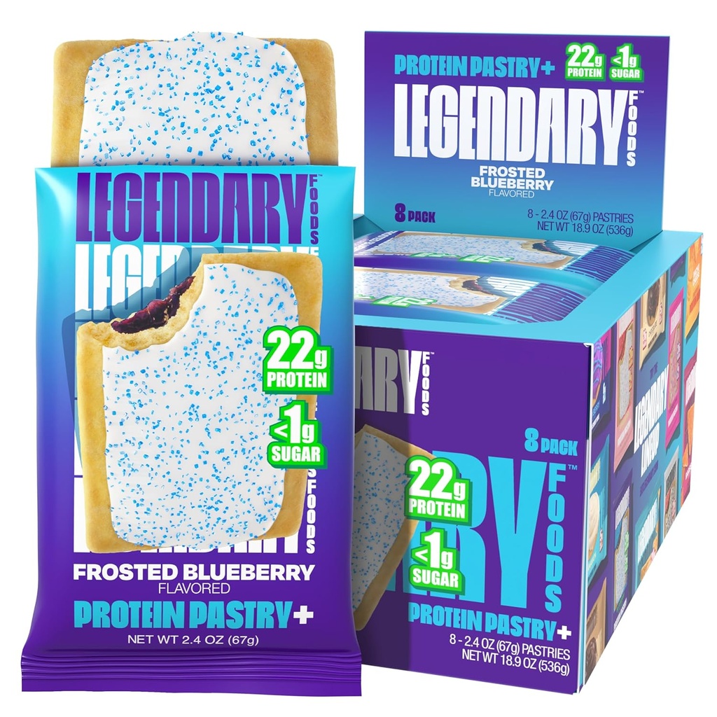 Legendary Foods 22g Protein Pastry+ Frosted Blueberry, Low Carb Meal Replacement Bar - Χαμηλή γλυκαιμική, χωρίς γλουτένη Snacks Protien Snacks - Healthy Keto Snack Box 8 Zero Sugar Energy Bars - Διαβητικό Φιλικό