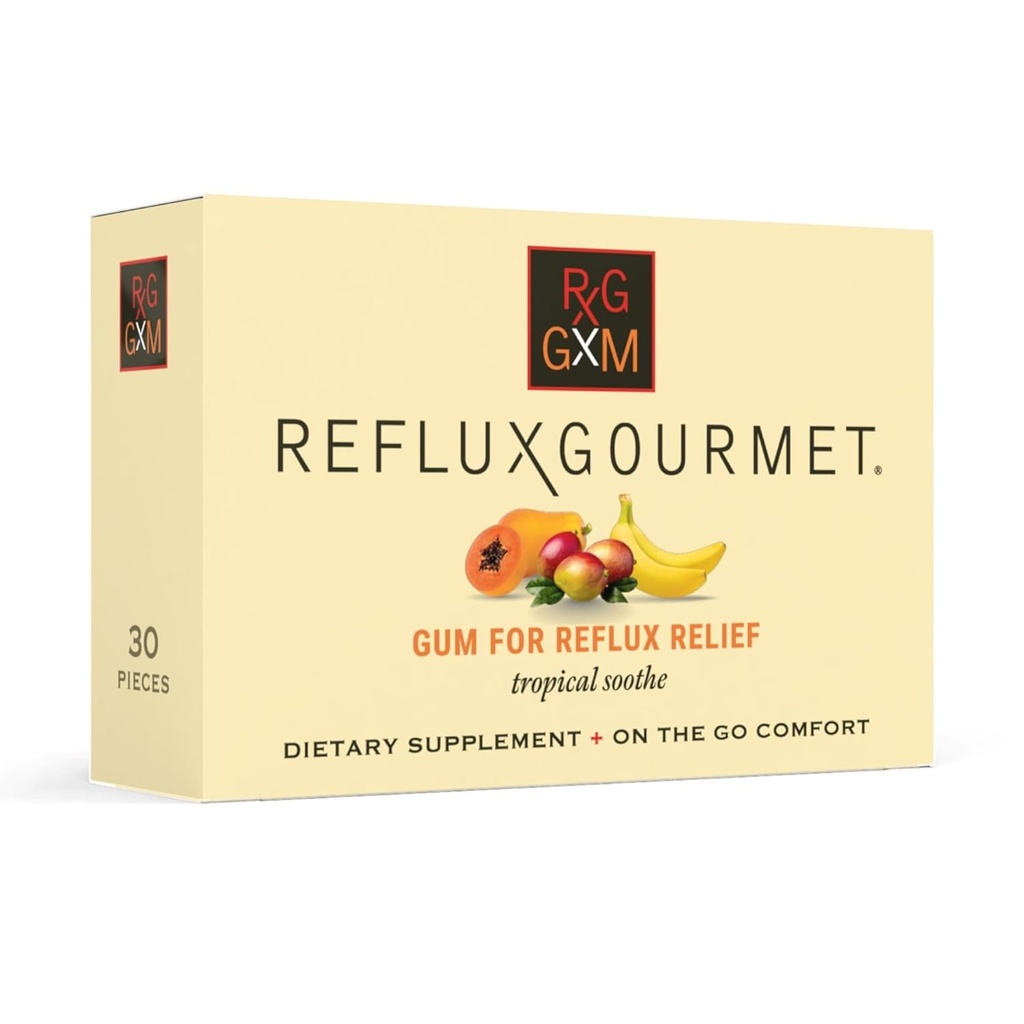 Reflux Gourmet Tropical Southe Gum Alginate Therapy Sodium Bicarbonate Gum for Acid Reflux, Oral, Cognative, and Digestive Support, Natural with Ginger, Celeric, Aloe, Sugar Free, Gluten Free, Vegan